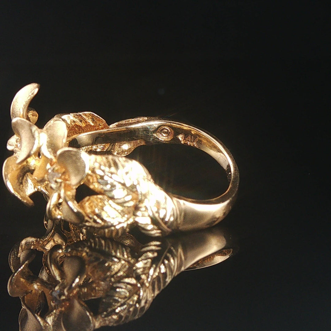 Denny Wong 14k Yellow Gold and Diamond Plumeria Band Ring Size 5.5