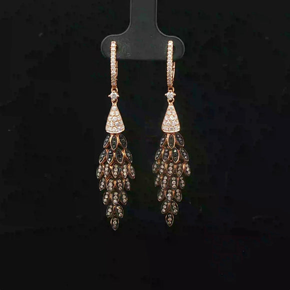 18k Yellow Gold White Champagne and Black Diamond Drop Dangle Earrings 2.25