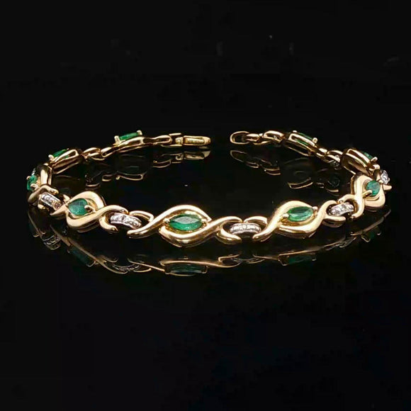 14k Yellow Gold Emerald and Diamond Ladies Fancy Link Bracelet 6.5