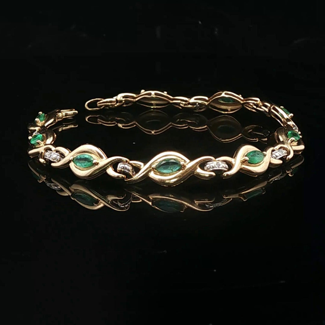 14k Yellow Gold Emerald and Diamond Ladies Fancy Link Bracelet 6.5"