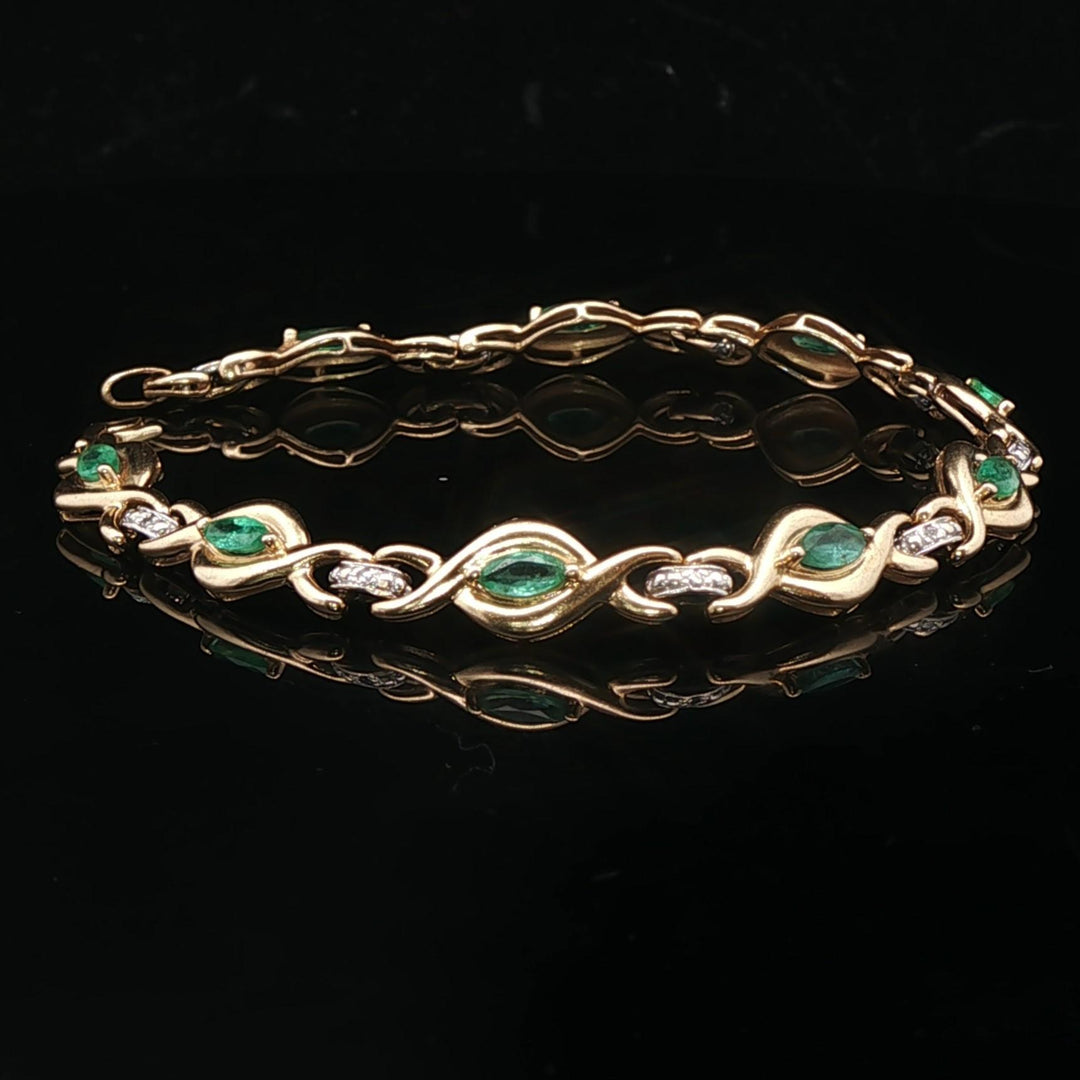 14k Yellow Gold Emerald and Diamond Ladies Fancy Link Bracelet 6.5"