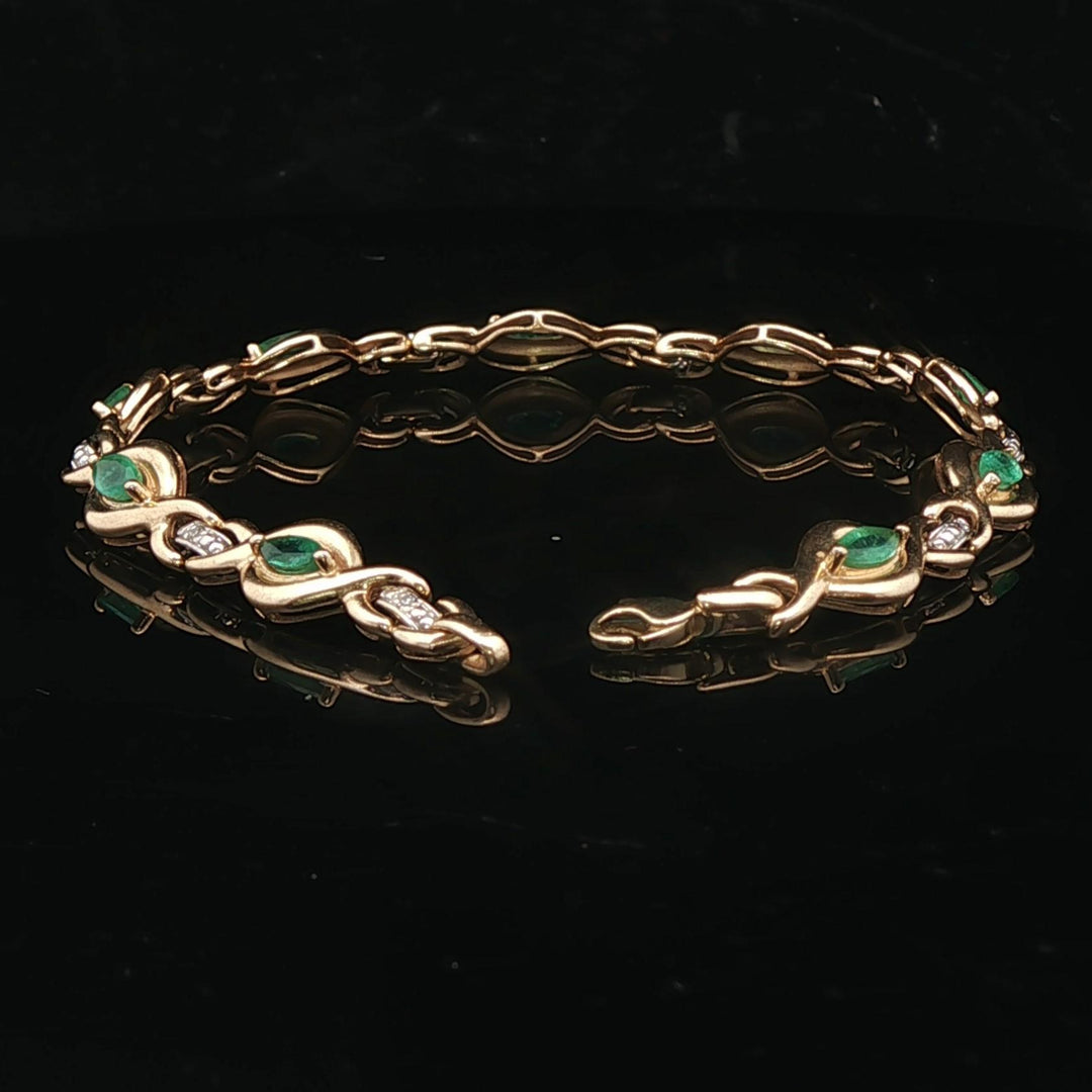 14k Yellow Gold Emerald and Diamond Ladies Fancy Link Bracelet 6.5"