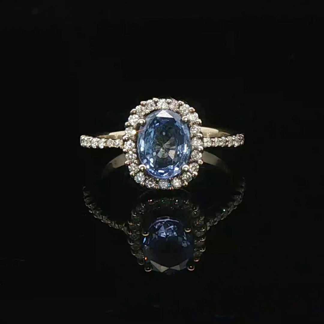 14k Yellow Gold Blue Sapphire and Diamond Halo Ring Size 5.5