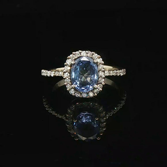 14k Yellow Gold Blue Sapphire and Diamond Halo Ring Size 5.5