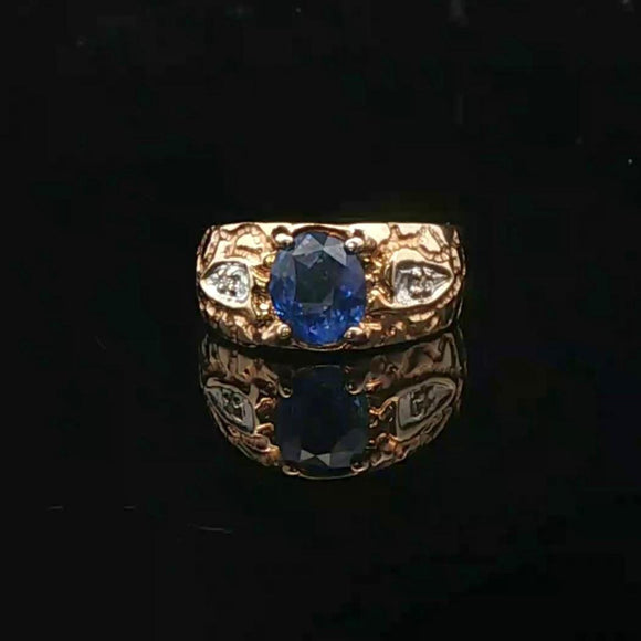 14k Yellow Gold 2ct Blue Sapphire and Diamond Ladies Vintage Ring Size 5.25