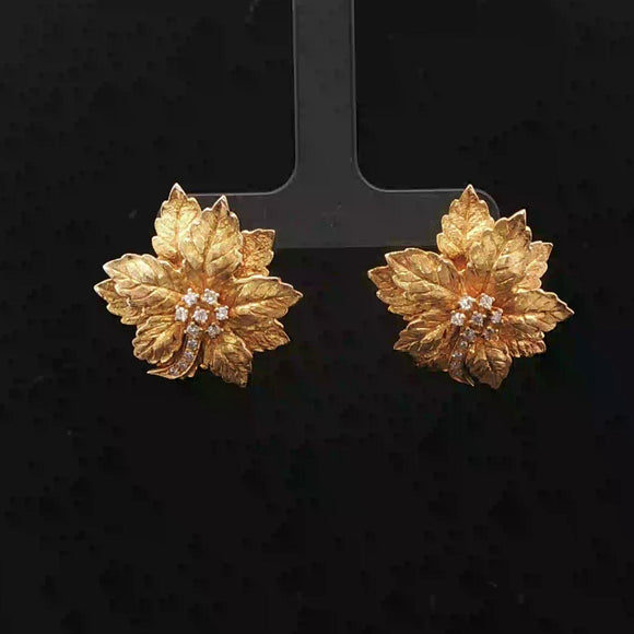 14k Yellow Gold and Diamond Vintage 15.3g Heavy Floral Earrings 1