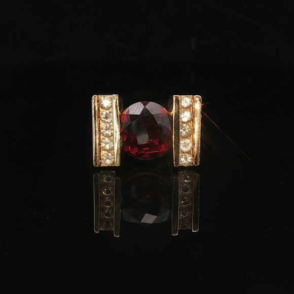 14k Yellow Gold Red Garnet and White Topaz Heavy Solid Ring Size 7.5