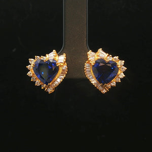 14k Yellow Gold Blue Sapphire and 1.4cttw Diamond Heart Stud Earrings