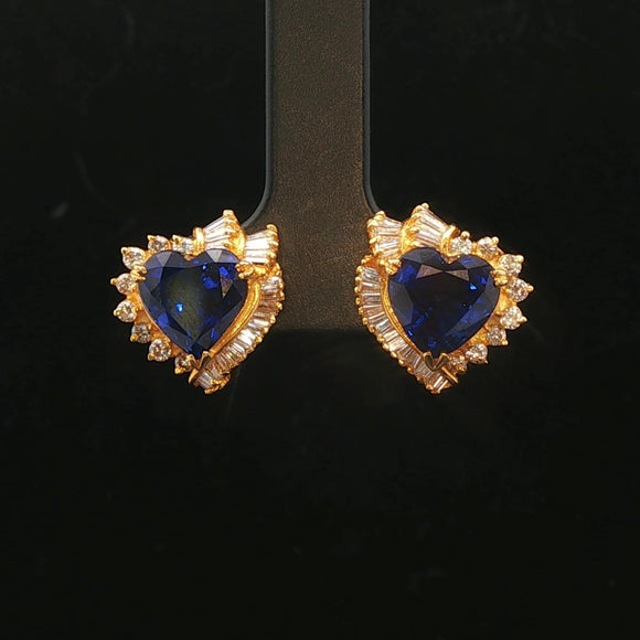 14k Yellow Gold Blue Sapphire and 1.4cttw Diamond Heart Stud Earrings