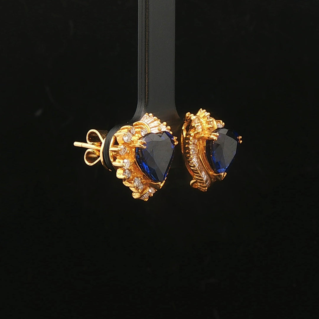 14k Yellow Gold Blue Sapphire and 1.4cttw Diamond Heart Stud Earrings