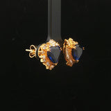 14k Yellow Gold Blue Sapphire and 1.4cttw Diamond Heart Stud Earrings