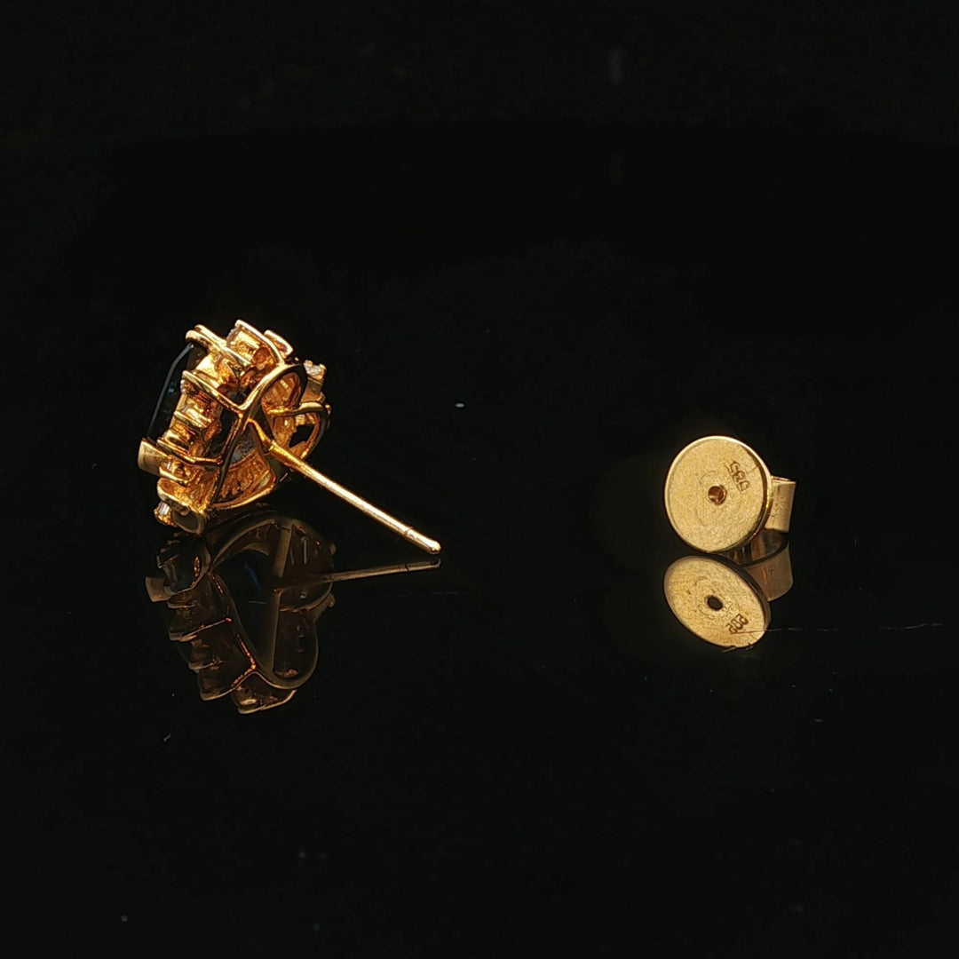 14k Yellow Gold Blue Sapphire and 1.4cttw Diamond Heart Stud Earrings