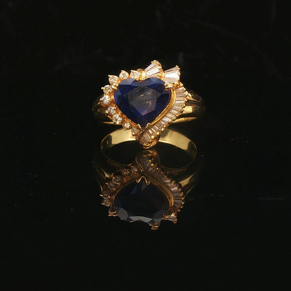 14k Yellow Gold Blue Sapphire and 0.80cttw Diamond Heart Ring Size 7