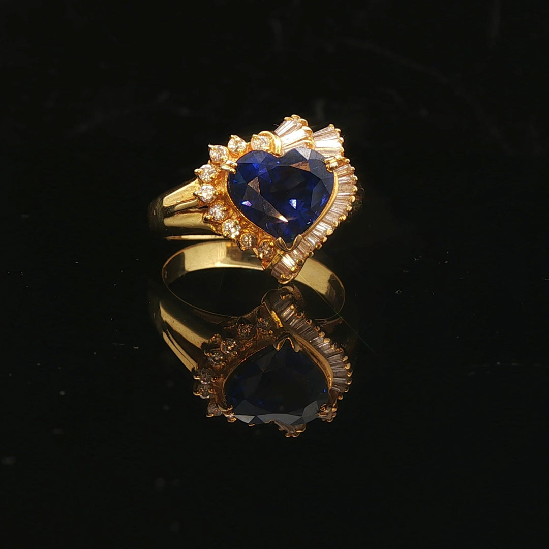 14k Yellow Gold Blue Sapphire and 0.80cttw Diamond Heart Ring Size 7