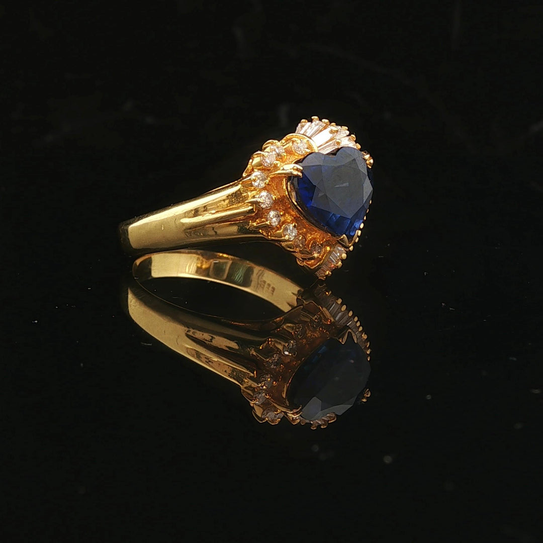 14k Yellow Gold Blue Sapphire and 0.80cttw Diamond Heart Ring Size 7