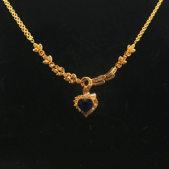 14k Yellow Gold Blue Sapphire & 1.8cttw Diamond Heart Pendant Necklace Italy 18