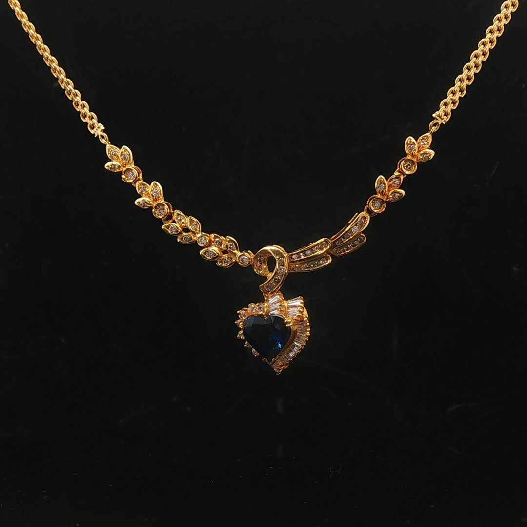 14k Yellow Gold Blue Sapphire & 1.8cttw Diamond Heart Pendant Necklace Italy 18"