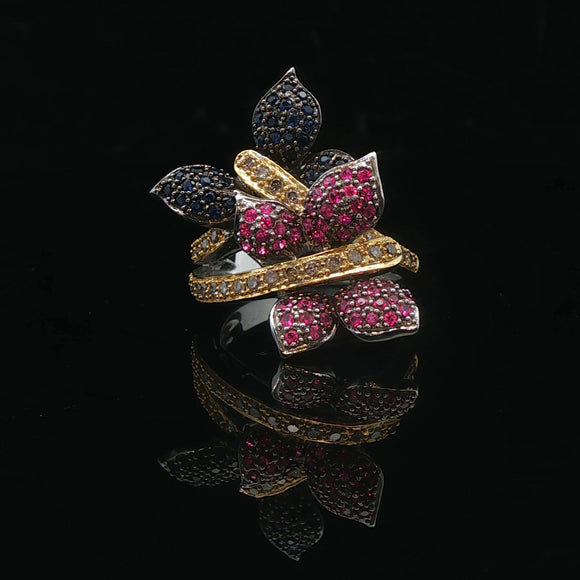 18k White and Yellow Gold Blue Sapphire Ruby and Diamond Ring Size 6