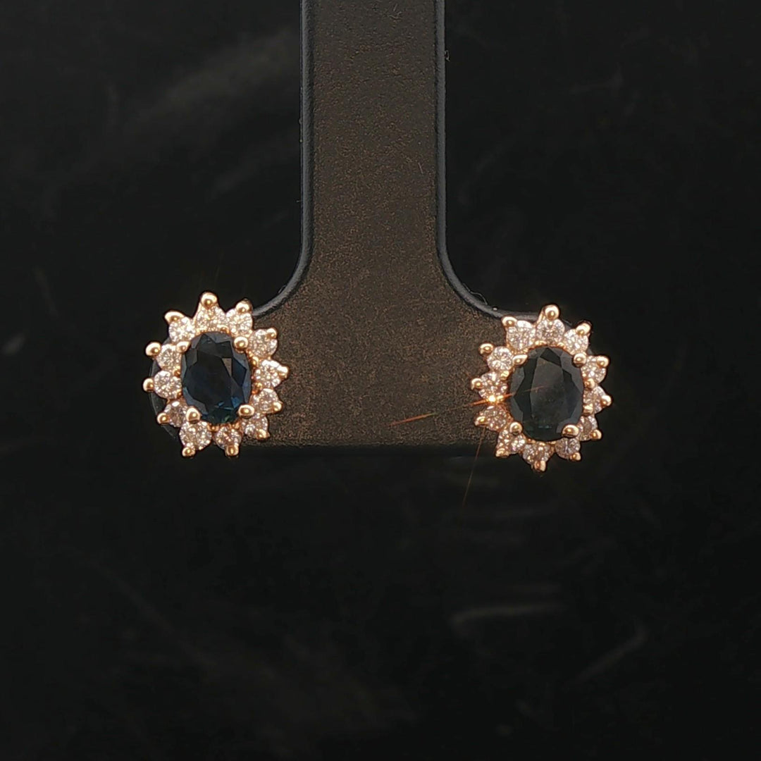 14k Yellow Gold Blue Sapphire and Diamond Halo Stud Earrings