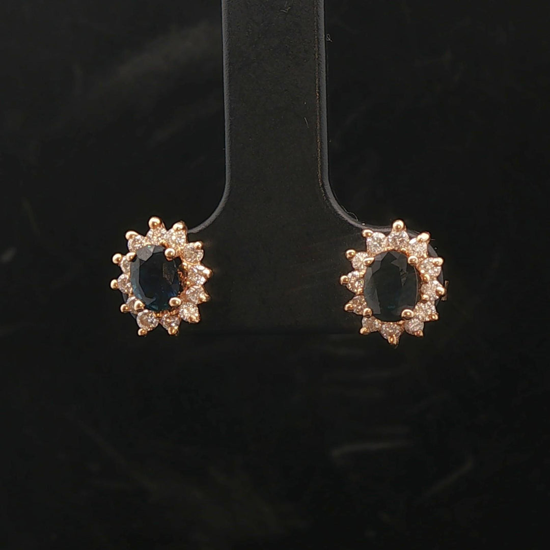 14k Yellow Gold Blue Sapphire and Diamond Halo Stud Earrings