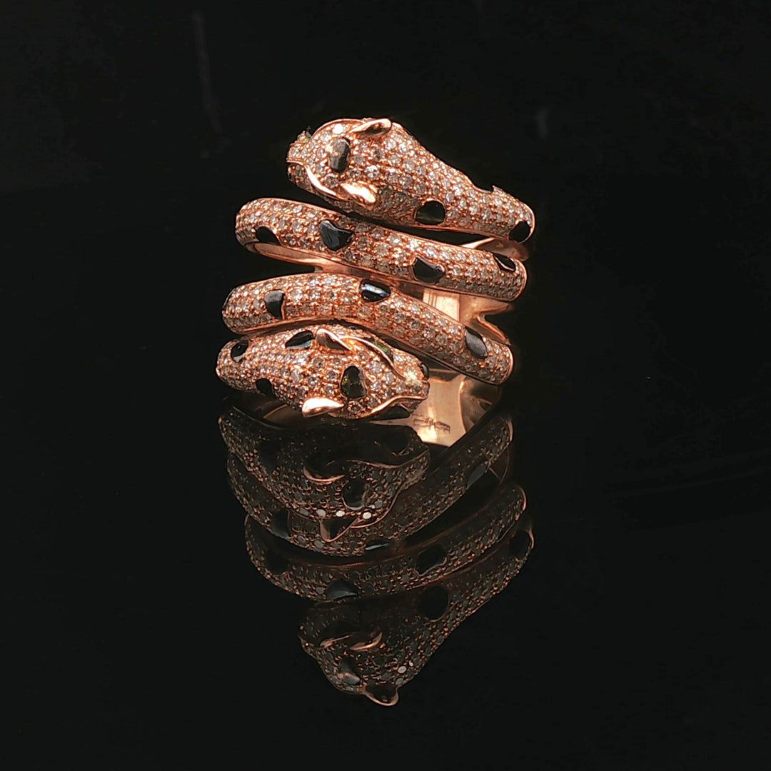 Effy 14k Rose Gold Diamond Black Enamel and Emerald Eyes Coil Snake Ring Size 6