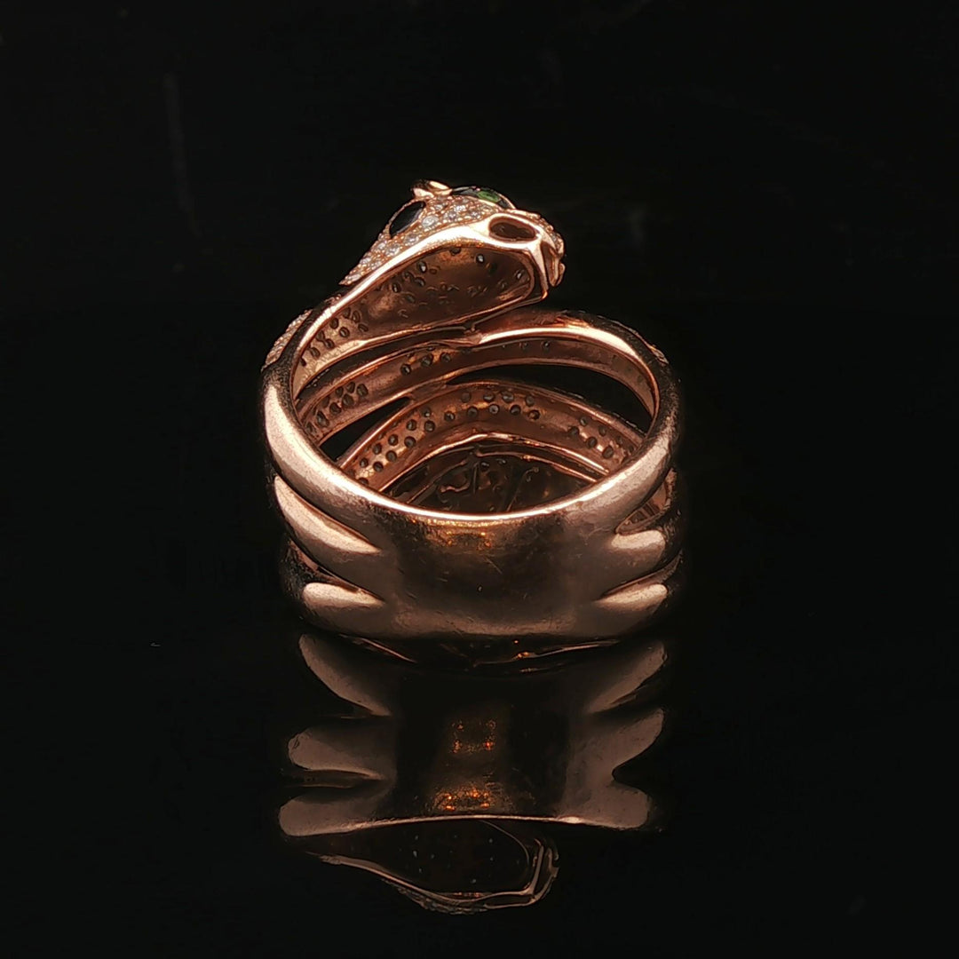 Effy 14k Rose Gold Diamond Black Enamel and Emerald Eyes Coil Snake Ring Size 6