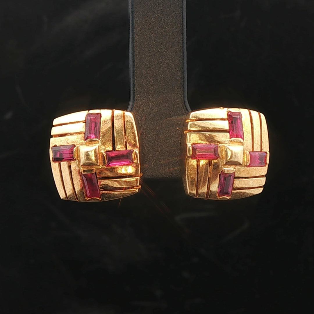 18k Yellow Gold and Baguette Ruby Vintage Square Stud Earrings