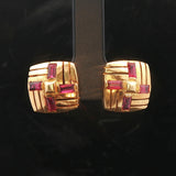 18k Yellow Gold and Baguette Ruby Vintage Square Stud Earrings