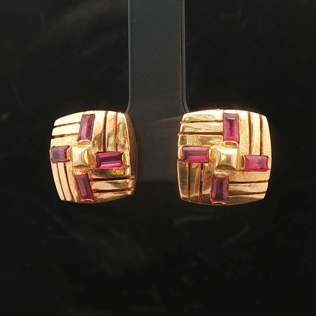18k Yellow Gold and Baguette Ruby Vintage Square Stud Earrings