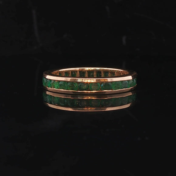 18k Yellow Gold and Emerald 4mm Solid Vintage Eternity Band Size 8.75
