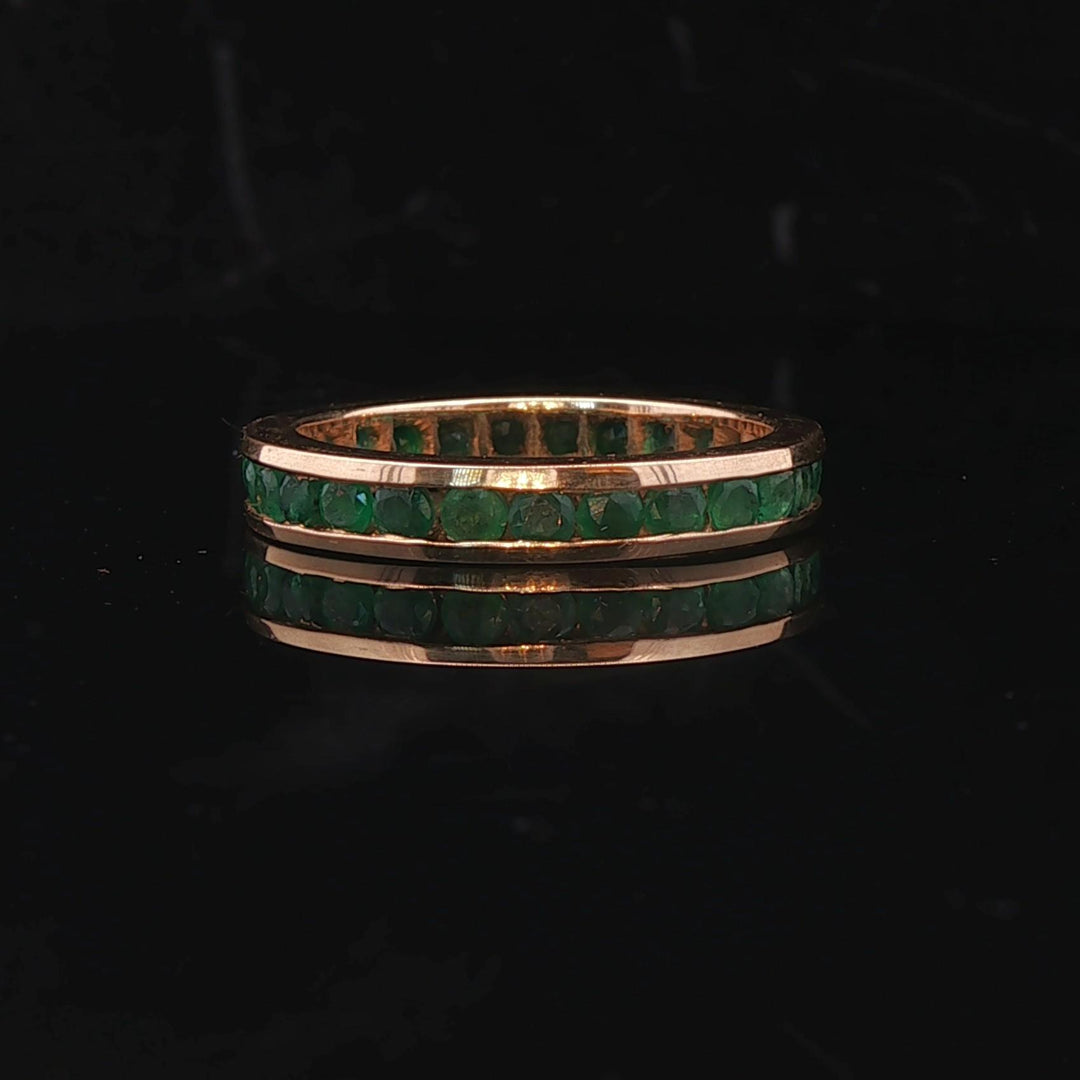 18k Yellow Gold and Emerald 4mm Solid Vintage Eternity Band Size 8.75
