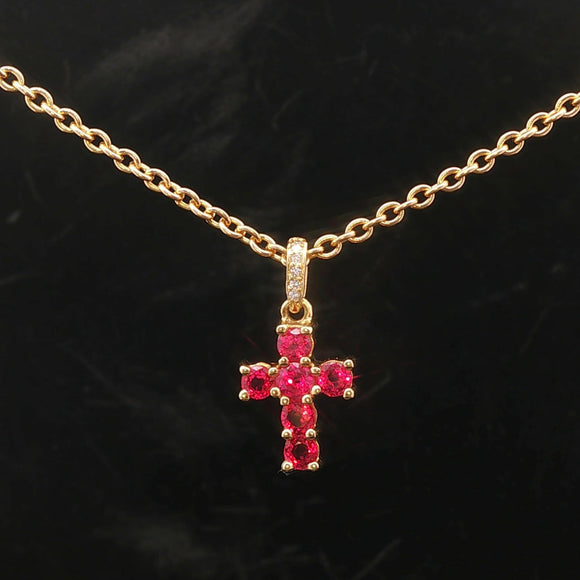 18k Yellow Gold Ruby and Diamond Cross Pendant Cable Link Necklace