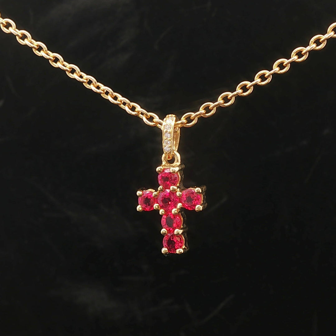 18k Yellow Gold Ruby and Diamond Cross Pendant Cable Link Necklace