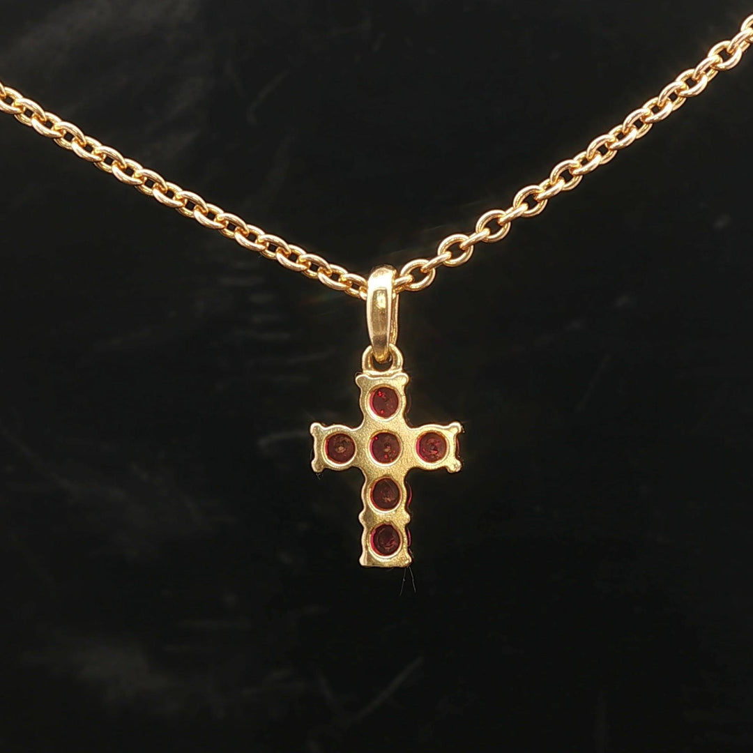 18k Yellow Gold Ruby and Diamond Cross Pendant Cable Link Necklace