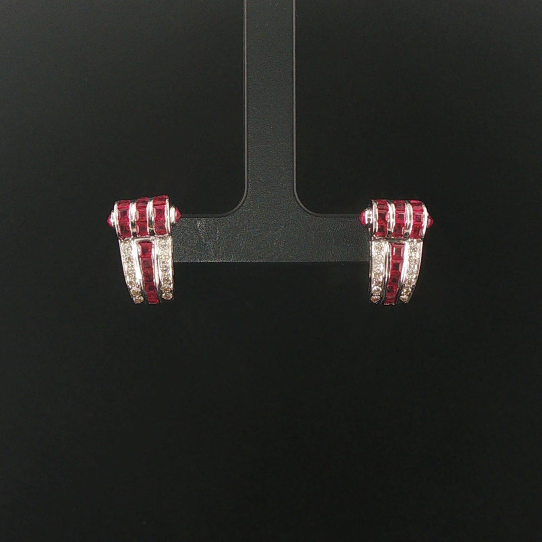 18k White Gold 1.90cttw Ruby and Diamond Vintage Huggie Earrings