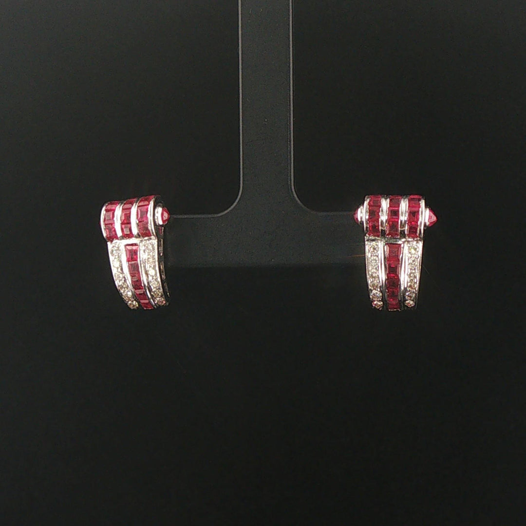 18k White Gold 1.90cttw Ruby and Diamond Vintage Huggie Earrings