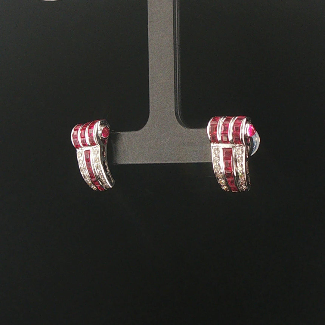 18k White Gold 1.90cttw Ruby and Diamond Vintage Huggie Earrings