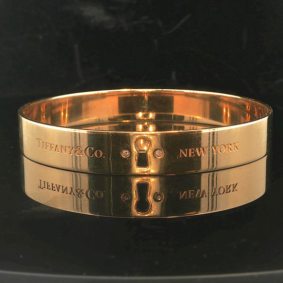 Tiffany & Co. 18k Yellow Gold and Diamond Solid Keyhole Bangle Bracelet 7.75