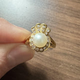 18k Yellow Gold Pearl and Diamond Award Ribbon Ring Size 6