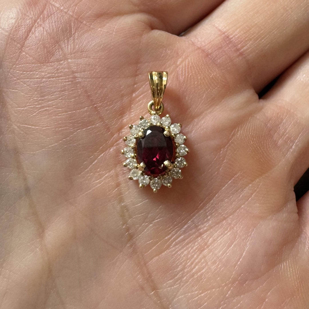 18k Yellow Gold Red Garnet and 0.50cttw Diamond Halo Pendant