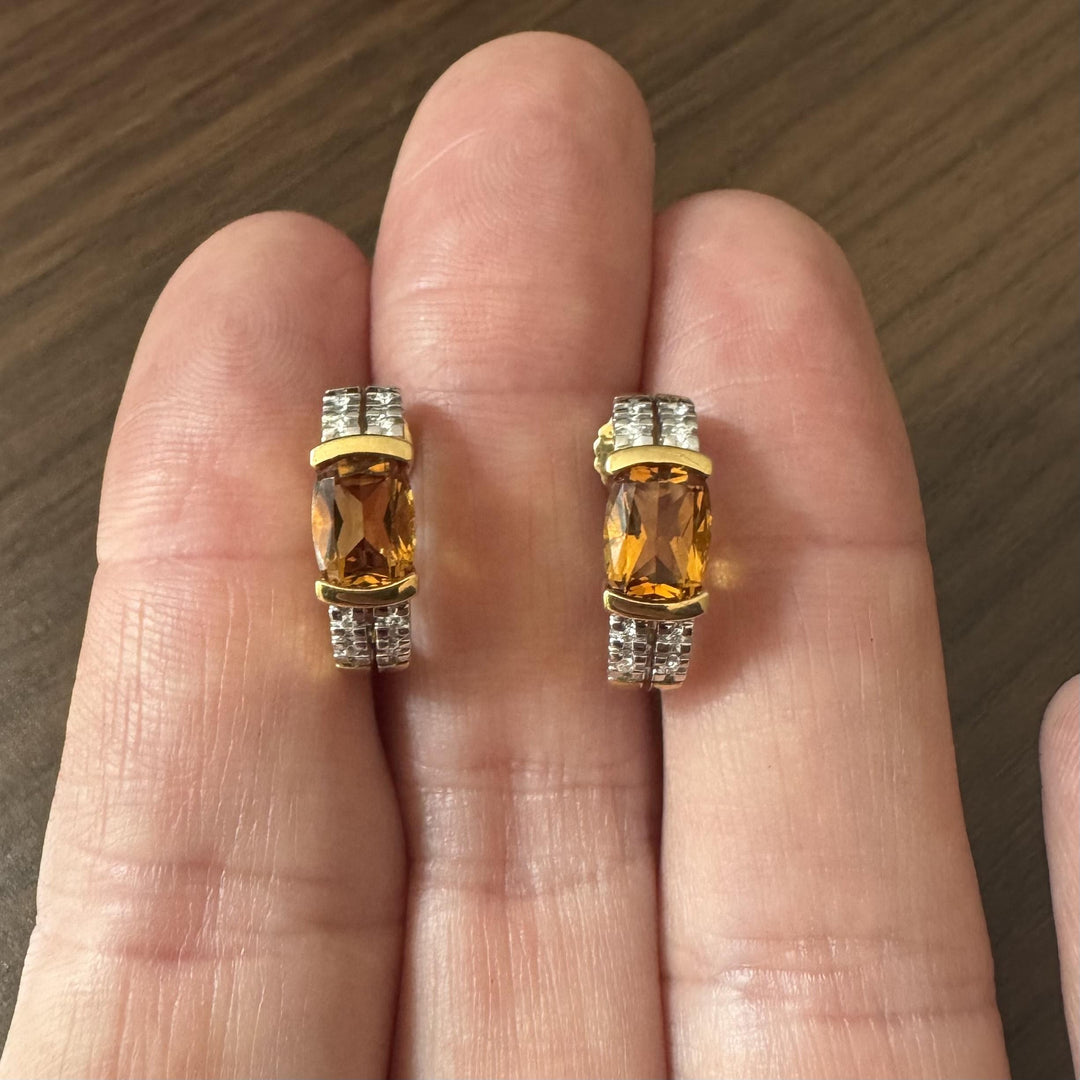 18k Yellow Gold Citrine and Diamond Huggie Earrings