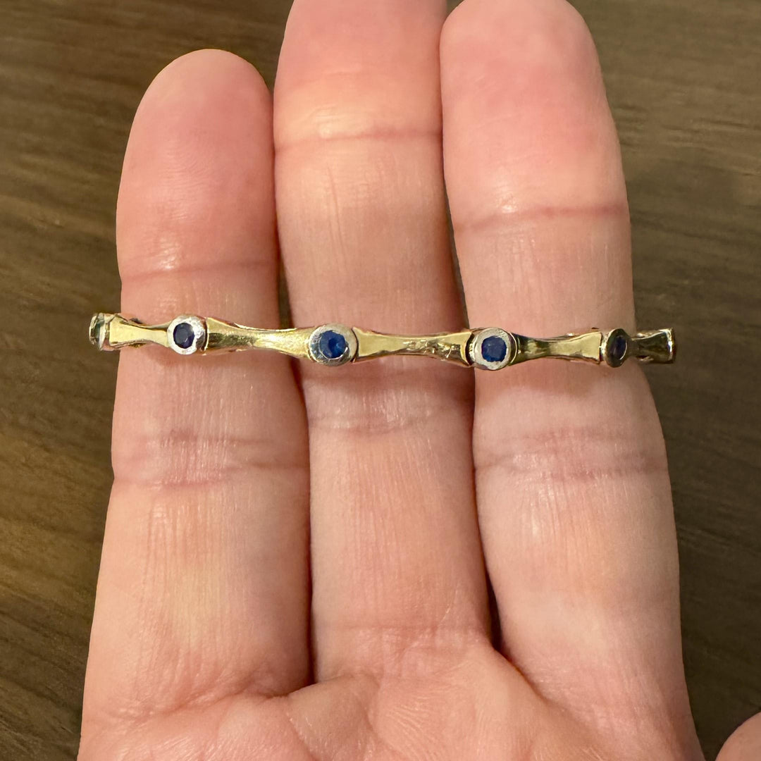 14k Two Tone Gold and Blue Sapphire 11.6g Flex Cuff Bangle 6.5"