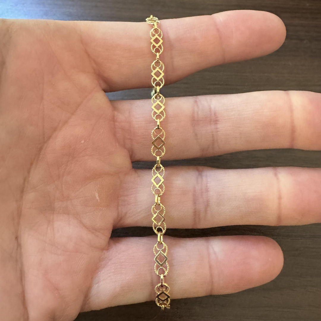 18k Yellow Gold 4.4g Ladies Thin 4.5mm Fancy Link Bracelet Italy 7.25"