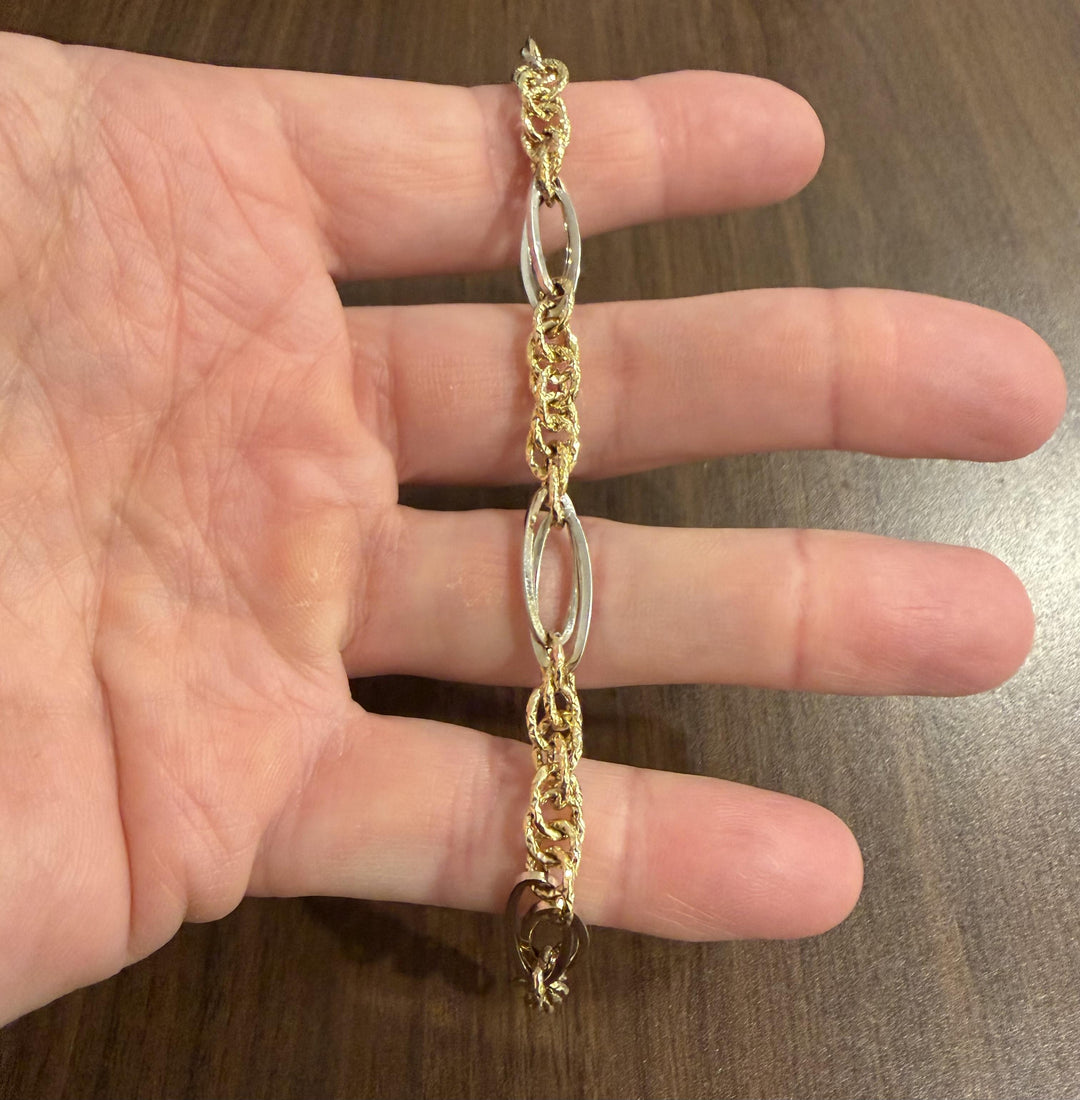 18k Yellow and White Gold 6.2g Vintage 7mm Fancy Link Bracelet Italy 7.5"