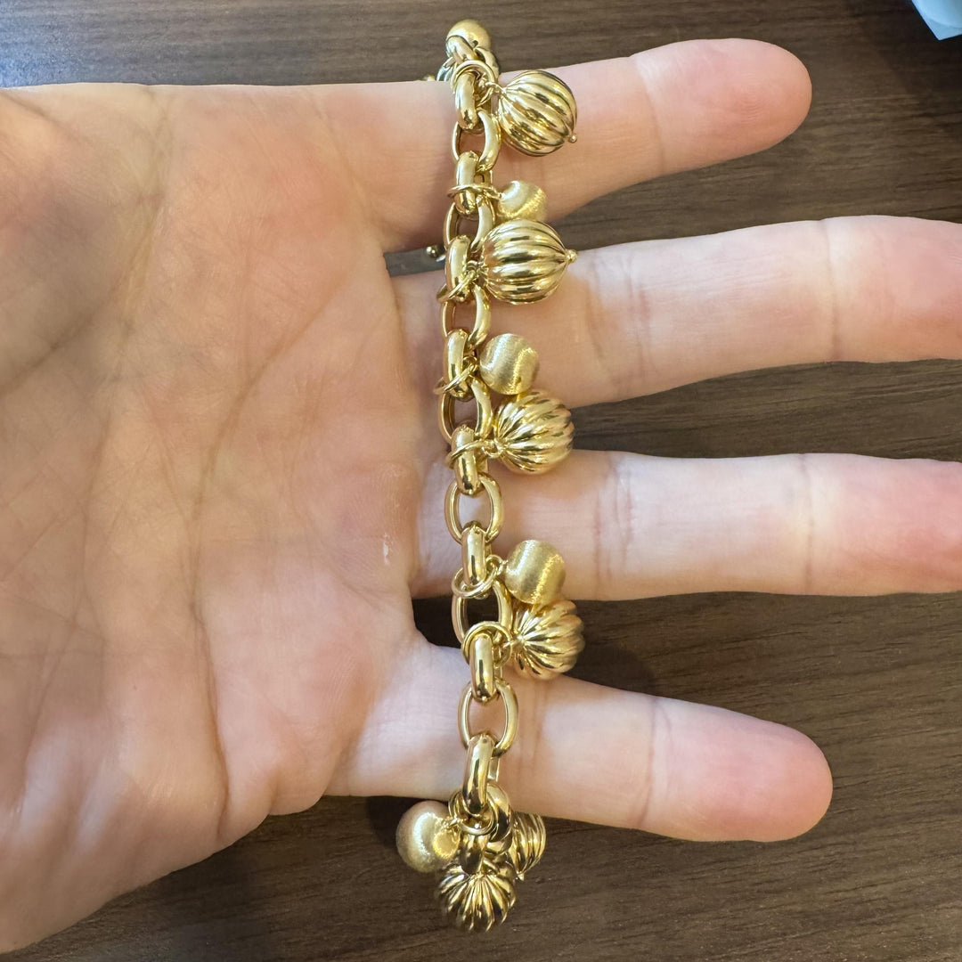18k Yellow Gold 34.5g Ladies Cable Link and Ball Charm Bracelet Italy 7.5"