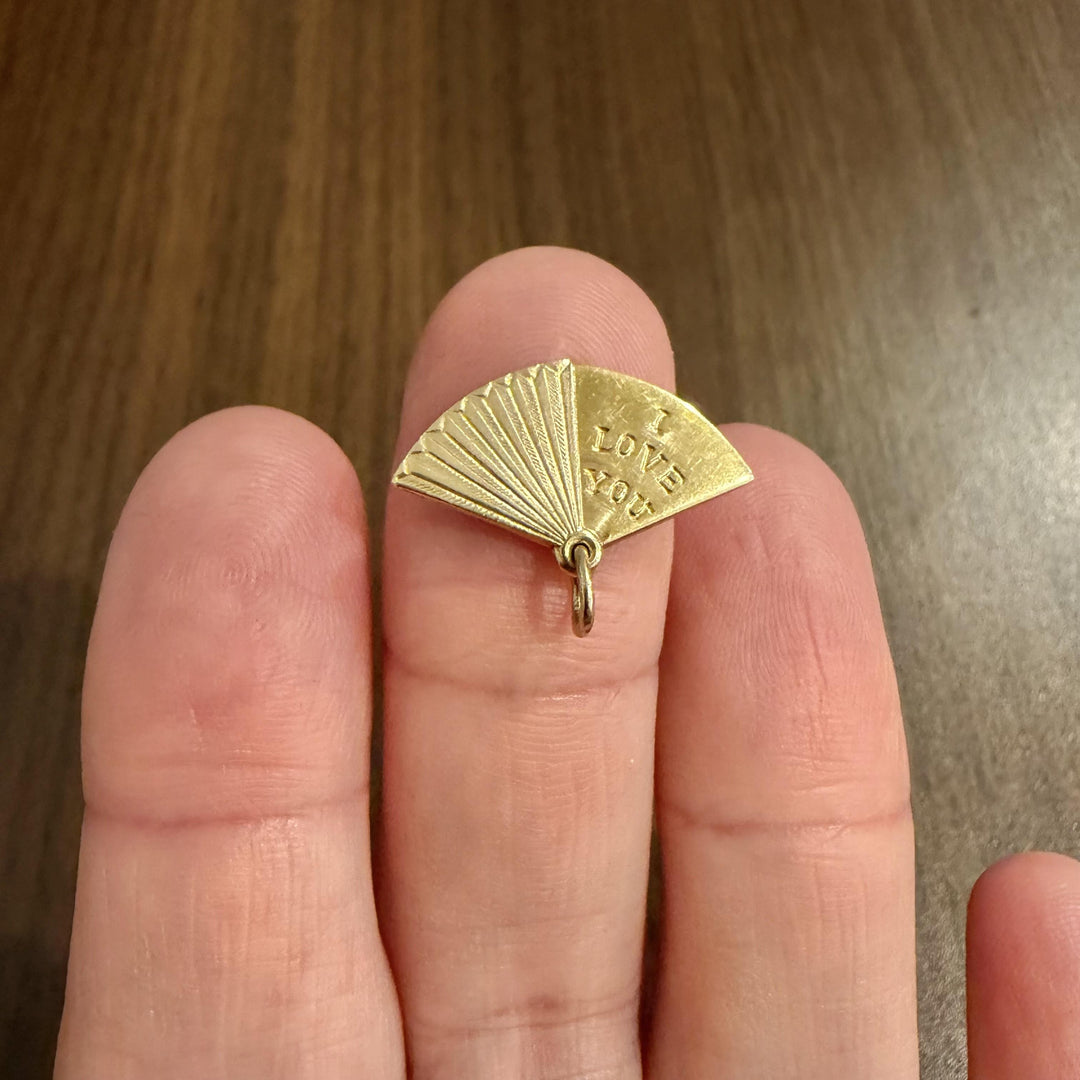 14k Yellow Gold Vintage Articulated I Love You Fan Charm Pendant