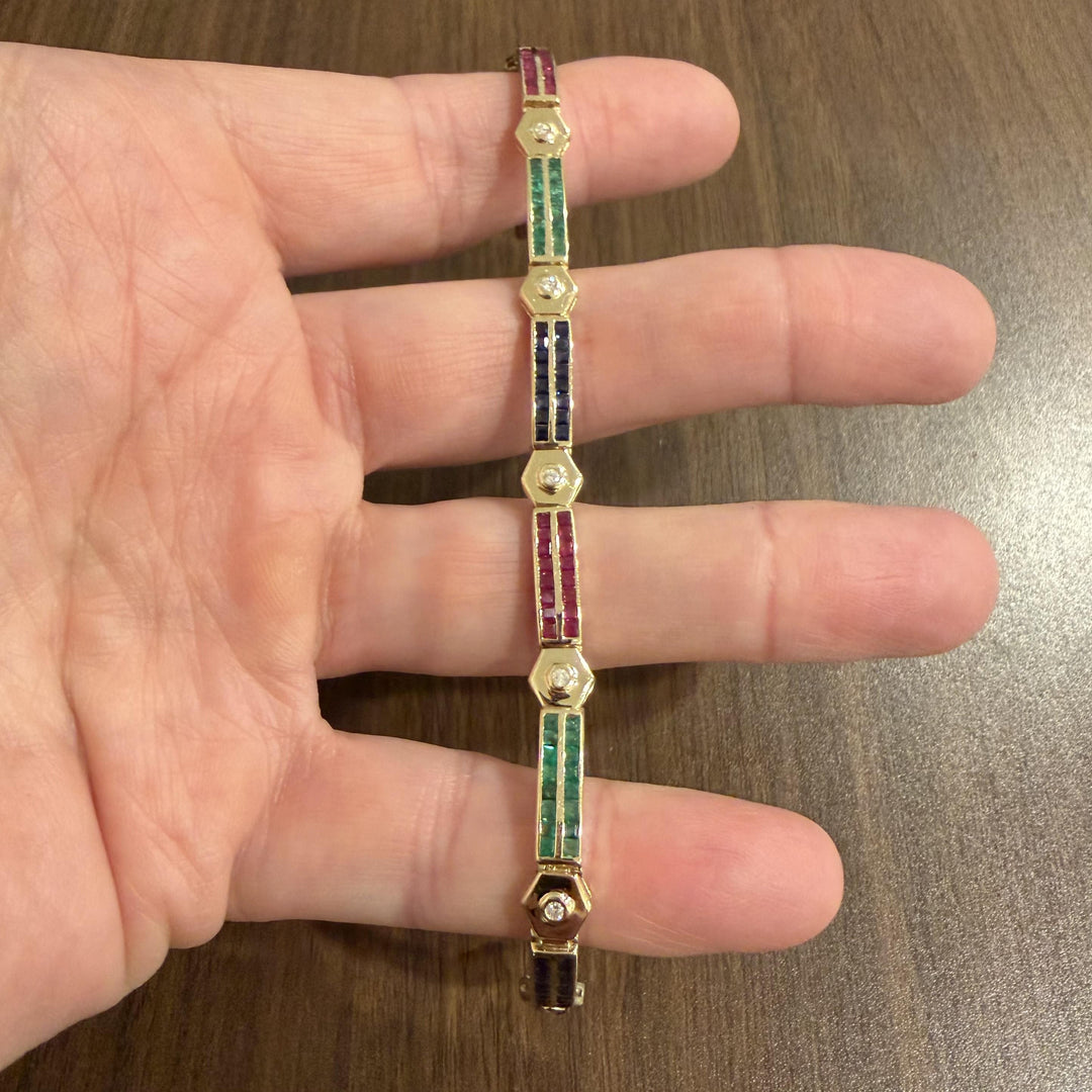 14k Yellow Gold 12g Multi Gemstone and Diamond Bar Link Bracelet 7"