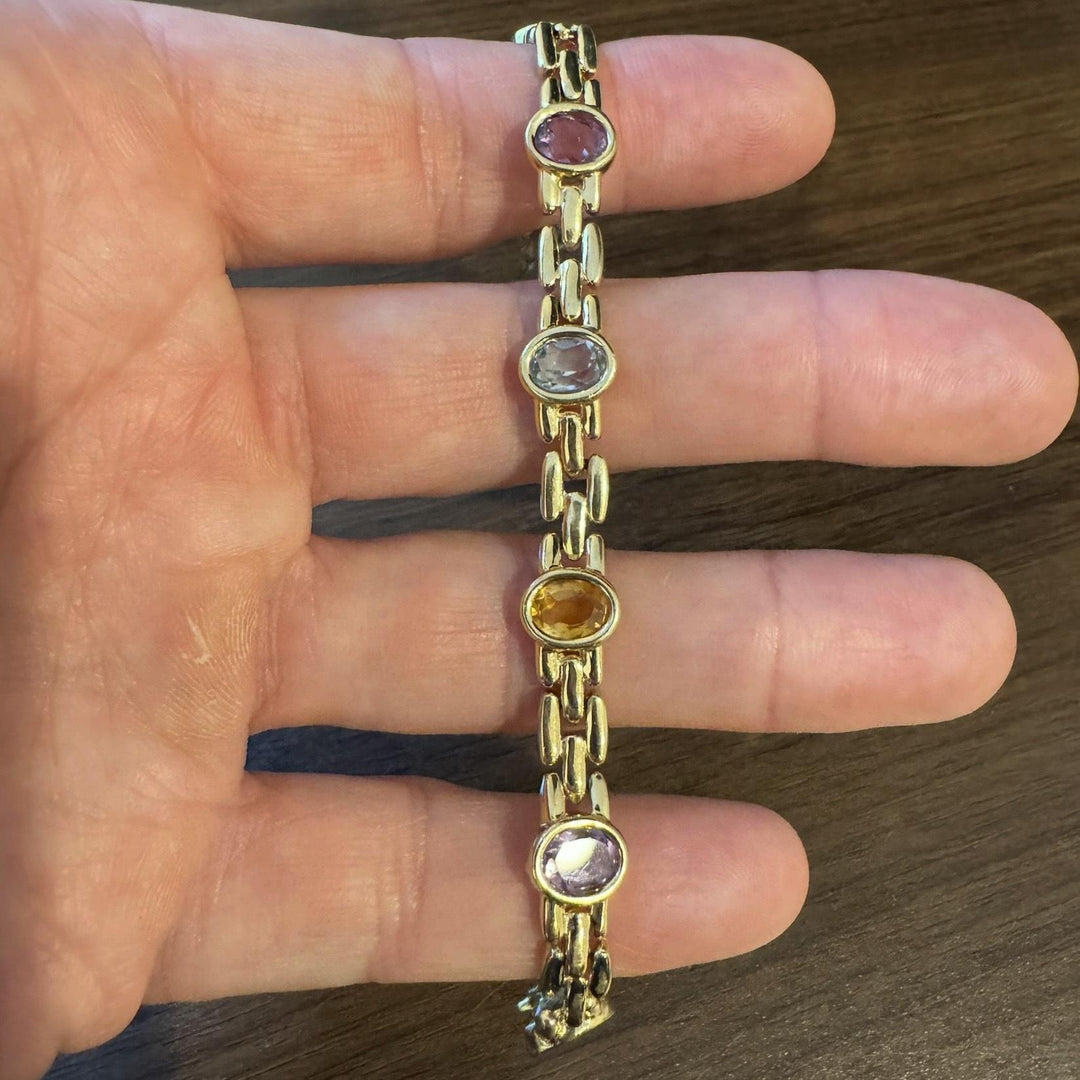 14k Yellow Gold 18g Bezel Set Multi Gemstone 10mm Panther Link Bracelet 8"