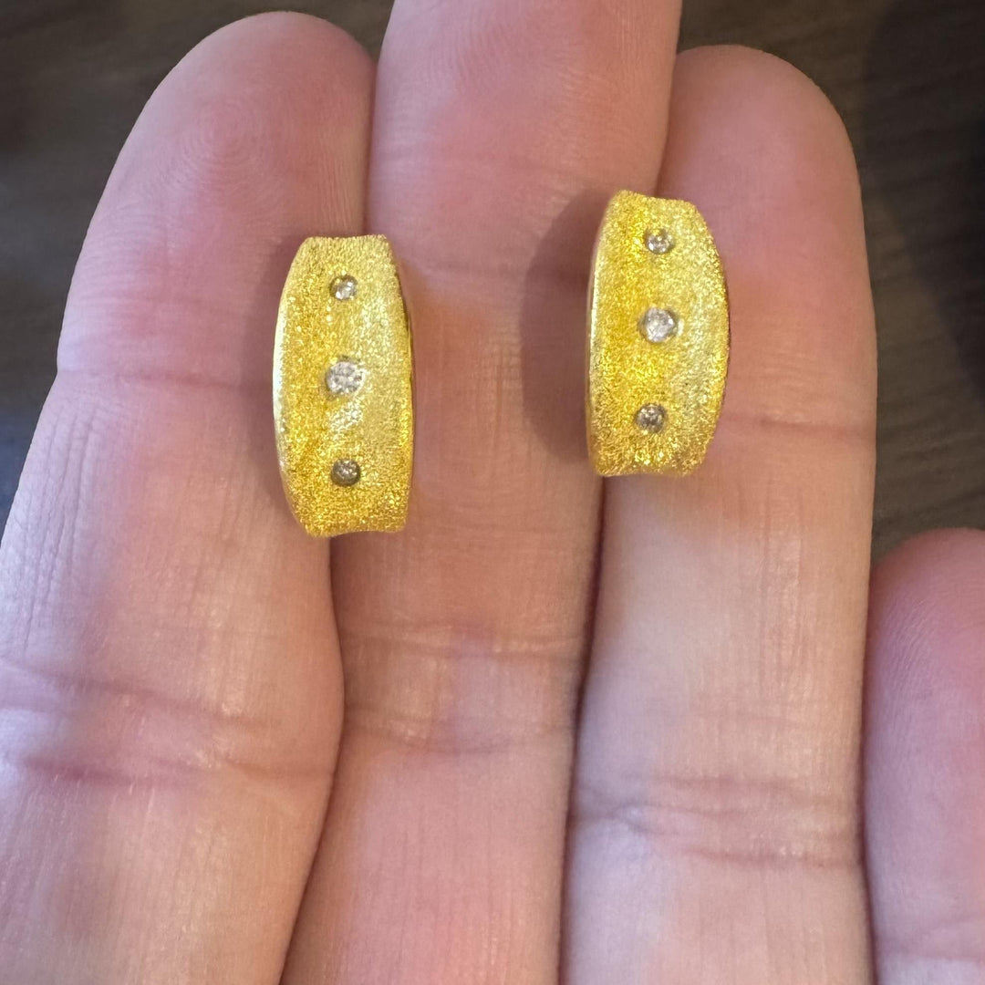 24k Pure Yellow Gold and Diamond 7.4g Solid Brushed Textured Huggie Earrings