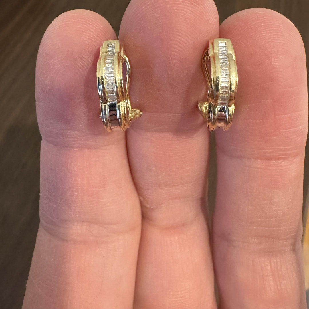14k Yellow and White Gold 0.35cttw Baguette Diamonds Huggie Earrings